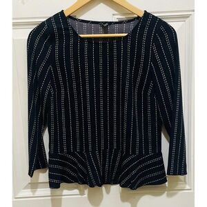 Ann Taylor Petite XXSP Black White Striped Peplum 3/4 Sleeve Blouse‎ Top